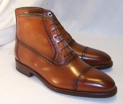 Handcrafted Mens Brown Color Lace Up Leather High Ankle Rounded Cap Toe Boots - £125.29 GBP+