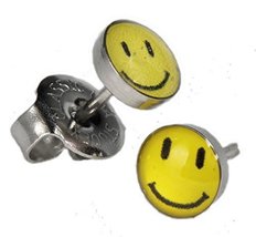 Ear Piercing Earrings Yellow Smiley Face Stainless Silver Studs Studex System 75 - $7.99