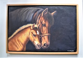 Large Oil on Canvas. Horses. Solid Oak Floating Frame. 37&quot; x 25&quot; . Signed .  - £239.79 GBP