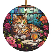Cute Cat Book Stained Glass Colors Wreath Christmas Ornament Gift Pet Lover - £11.57 GBP