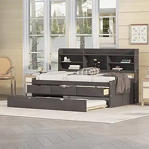 Twin Size Wooden Captain Bed With Trundle And Built-In Bookshelves,Solid... - $796.99