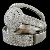 Princess Diamond Cut 14K White Gold Over Trio His Her Bridal Band Engagement Set - £113.46 GBP