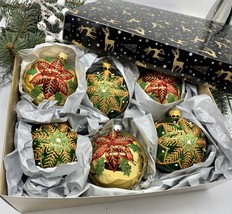 Set of green and gold Christmas glass balls, hand painted ornaments with... - $71.25