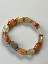 Orange Cream &amp; Yellow Oval Agate Stone &amp; Silverstone Spacer Bead Stretch... - $18.49