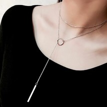 925 Sterling Silver Long Strip Chain Necklaces Circle Pendants Elegant Choker - £6.32 GBP