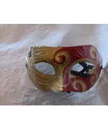 RETRO MASQUERADE MARDI GRAS  HALLOWEEN MASK GOLD &amp; RED WITH BLACK TIES NEW - $7.91