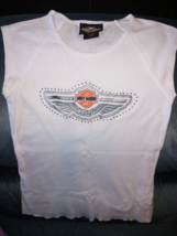 HARLEY DAVIDSON WHITE CAP SLEEVE TEE-S-100 YEAR ANNIVERSARY-COTTON-LOOKS... - $28.55 CAD