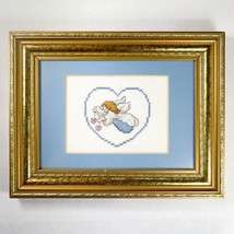 Heart Angel Finished Cross Stitch Vintage 1990s Framed 7x9 Cottage Embroidery - £15.84 GBP