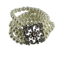 Five Row Faux Pearl Stretch Bracelet Rhinestones Statement Bridal Jewelry - £9.52 GBP