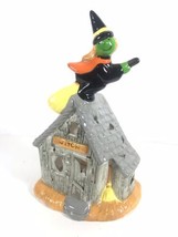 Ceramic Halloween Flying Witch On Broom Over Haunted House VTG Taiwan 1970s 9in - £15.25 GBP