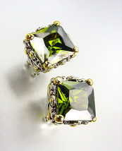 CHUNKY Designer Silver Gold Balinese Filigree Olive Green CZ Crystal Ear... - $27.99
