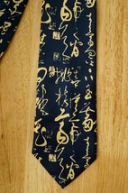 Kailong Men&#39;s Necktie Tie 100% Silk Navy Blue Pale Yellow Asian Kanji Print - $19.79