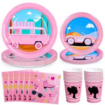 Hot Pink Girl Disposable Tableware Set Pink Princess Birthday Party Supplies Inc - £27.25 GBP