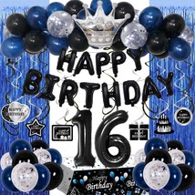 16Th Birthday Decorations For Boys, 73Pcs Blue Black Happy 16Th Birthday Balloon - £28.94 GBP