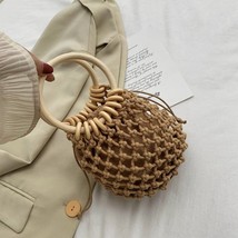 Man woven handbag girl fashion beach bag wood handle drawstring female bucket tote bags thumb200
