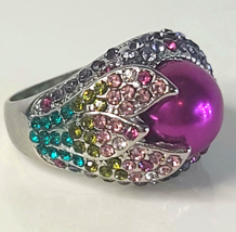 Silver Tone Ring  Faux Purple Pearl and Rhinestones Statement Ring Fashi... - $4.99