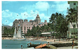 Waikiki Beach w Surfers The Royal Hawaiian &amp; Moana Hotels Hawaii Postcard 1957 - £7.77 GBP