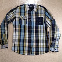 Born Fly Mens Lrg Button Up Shirt Yellow Blue Black Plaid Button Flap Pockets - £7.94 GBP