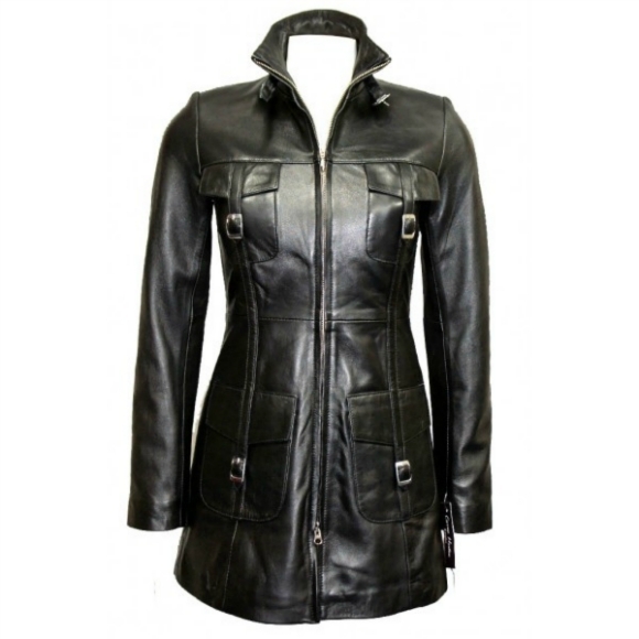 Leather Skin Women Black Genuine Real Leather Coat with Front Strap Pockets - $179.99
