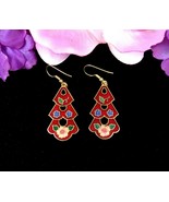 FLOWER FLORALS Vintage PIERCED EARRINGS Cloisonne RED Enamel Dangle Gold... - $291.72 MXN