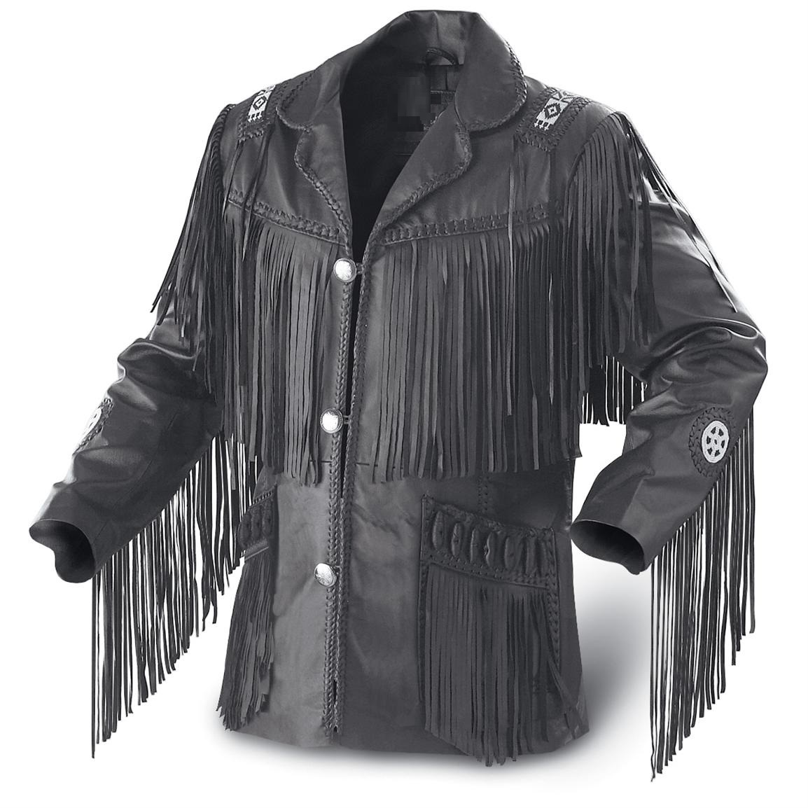 Leather Skin Men Black Western Fringes Cowboy Genuine Real Leather Jacket - $229.99