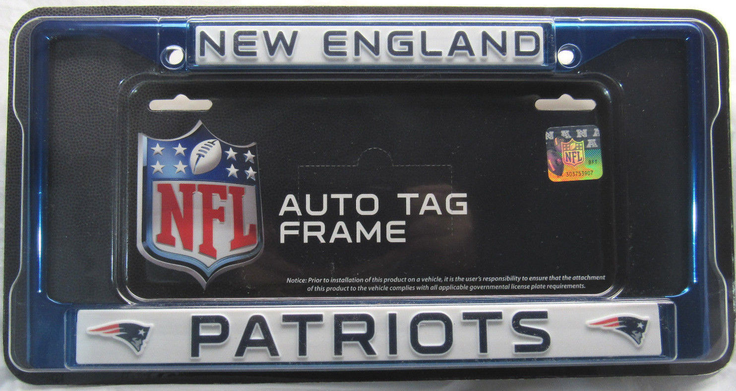 NFL Blue Chrome License Plate Frame New England Patriots Thin Blue Letters - £12.78 GBP