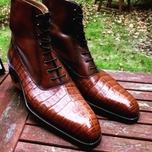 New Handmade Men,s Leather Boots, Formal Crocodile Texture Leather Men Brown Boo - £122.27 GBP