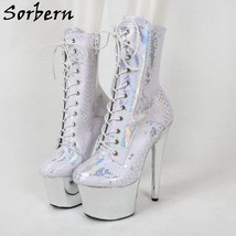 Holo White Snake Boots For Women Ankle High Stripper Heels Exotic Pole Dancer Bd - £186.53 GBP
