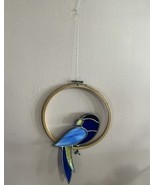 Vintage 1979 Leaded Glass Sun Catcher Stained Glass Parrot Bird On Perch... - $18.50