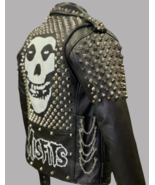 MEN BLACK MISFITS PANTED LOGO WITH SIDE CHAINS STUDDED MOTORCYCLE LEATHE... - $249.00