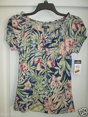 Primary image for Chaps Denim Floral Prints Shirred Ruffled Neckline & Sleeve Women’s Tops S $49