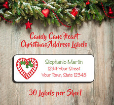Christmas Address Labels, Family Personalized Christmas Candy Cane Heart Return - £1.52 GBP