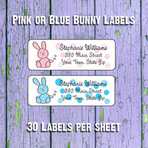 Blue or Pink Bunny Personalized Return ADDRESS Labels, Cute for Baby Shower - £1.49 GBP