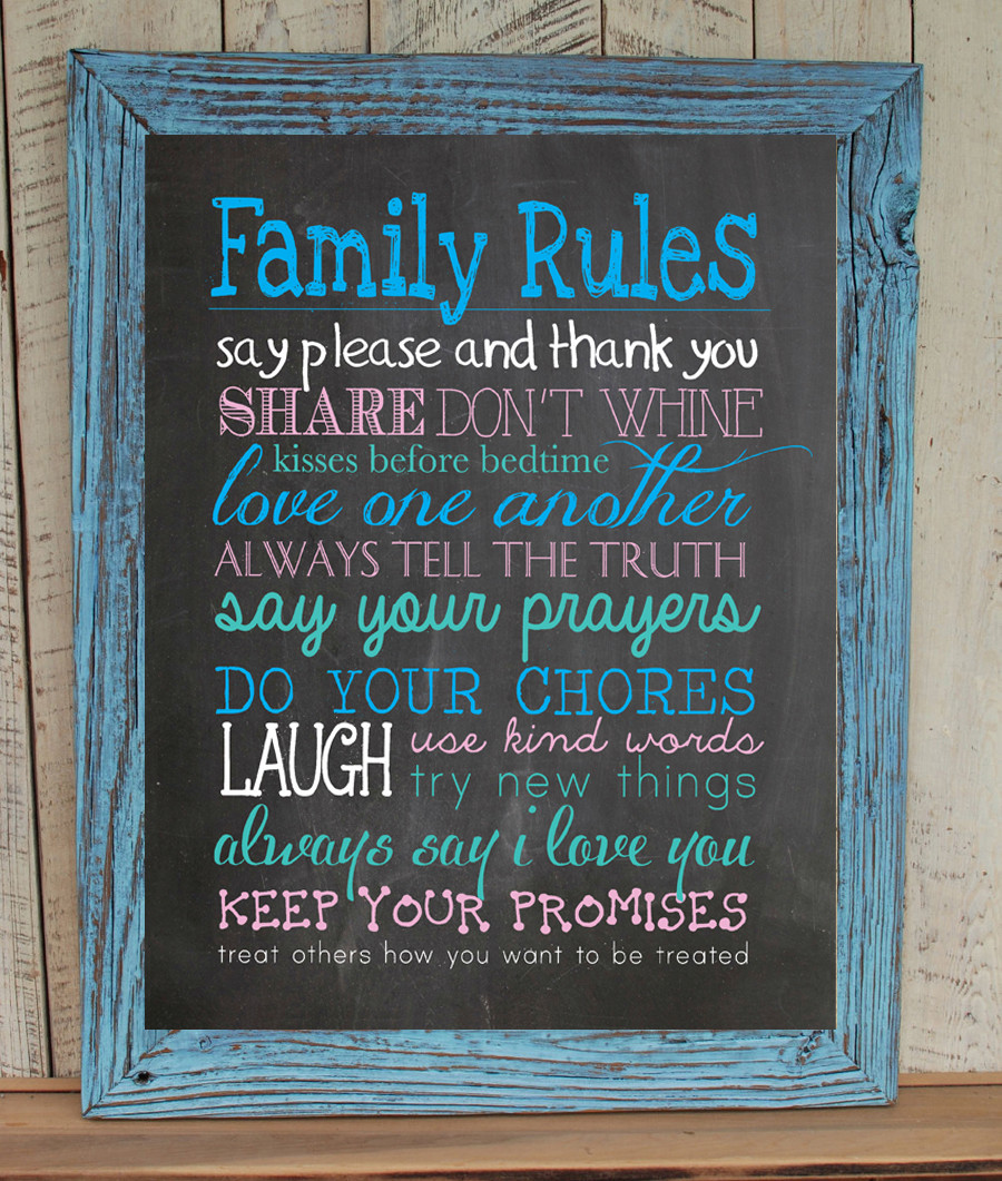 FAMILY RULES 8x10 Typography Art Print, Rustic Look Faux Chalkboard - $7.00