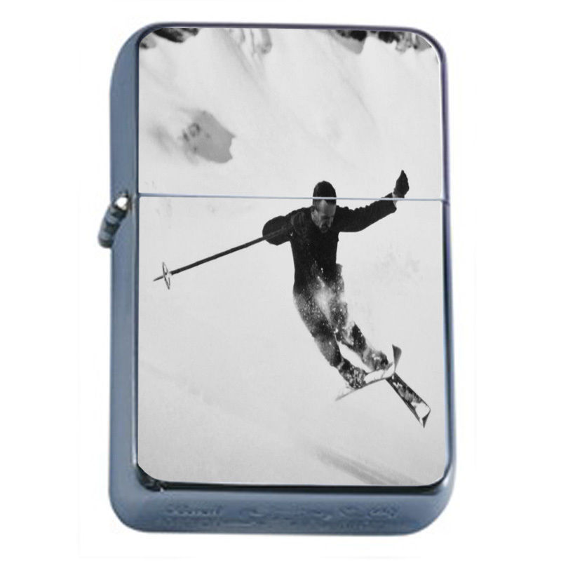 Primary image for Vintage Skiing D28 Flip Top Oil Lighter Wind Resistant Flame Retro B&W Skier Ski