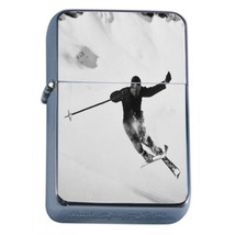 Vintage Skiing D28 Flip Top Oil Lighter Wind Resistant Flame Retro B&W Skier Ski - $14.80