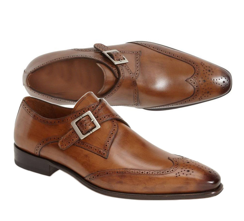 NEW Handmade men Tan brown wing tip brogue formal monk shoes, Men tan leather sh