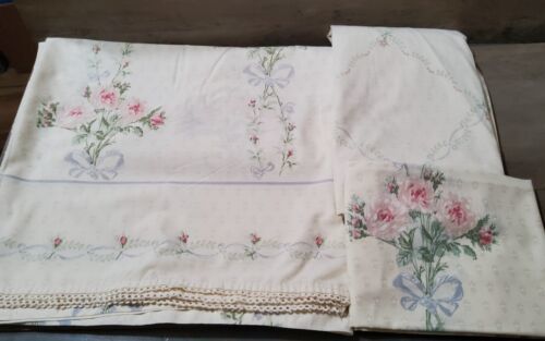 Fieldcrest Perfection Vintage Twin Sheet Set Flat Fitted PC Flowers Ribbon Lace - $79.14
