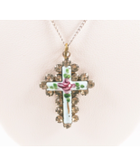 Rhinestone Blue Enamel Cross Necklace Painted Rose Silver Chain - £12.94 GBP