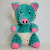 Rare Vintage Shalom Toy Baby Pig Plush Diaper Bonnet Green Pink Rainbow Hearts - £9.81 GBP