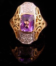 Vintage 12 Diamond amethyst ring  jewelry 10kt yellow white gold size 3 1/2 - £602.42 GBP