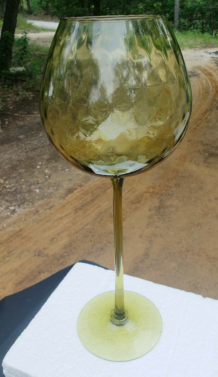 Primary image for MCM Empoli Italian Glass Olive Green Diamond Optic 15" Long Stem Goblet Vase
