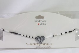 Necklace (new) ZEBRA HEART - BLACK, WHITE &amp; SILVER BEADS W/ SILVER CLASP - £10.38 GBP