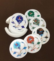 Floral White Marble Inlay Coaster, Turquoise Stone Inlaid, Pietra Dura, Coaster  - £139.65 GBP