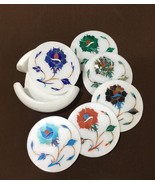 Floral White Marble Inlay Coaster, Turquoise Stone Inlaid, Pietra Dura, ... - £141.05 GBP