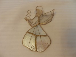 Small Christmas Hanging Ornament Angel With Tree Wrapped in Gold Wire, Mica - £11.08 GBP