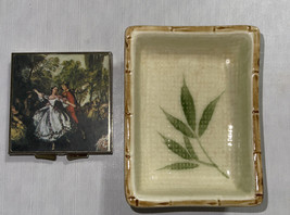 Made In Japan Victorian Dancers Mirror Compact &amp; Bamboo Trinket Dish - £12.97 GBP