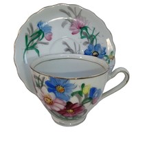 Kasuga Ware Cosmos Cup and Saucer Japan Gold Trim Bone China Birthday Floral - £27.95 GBP