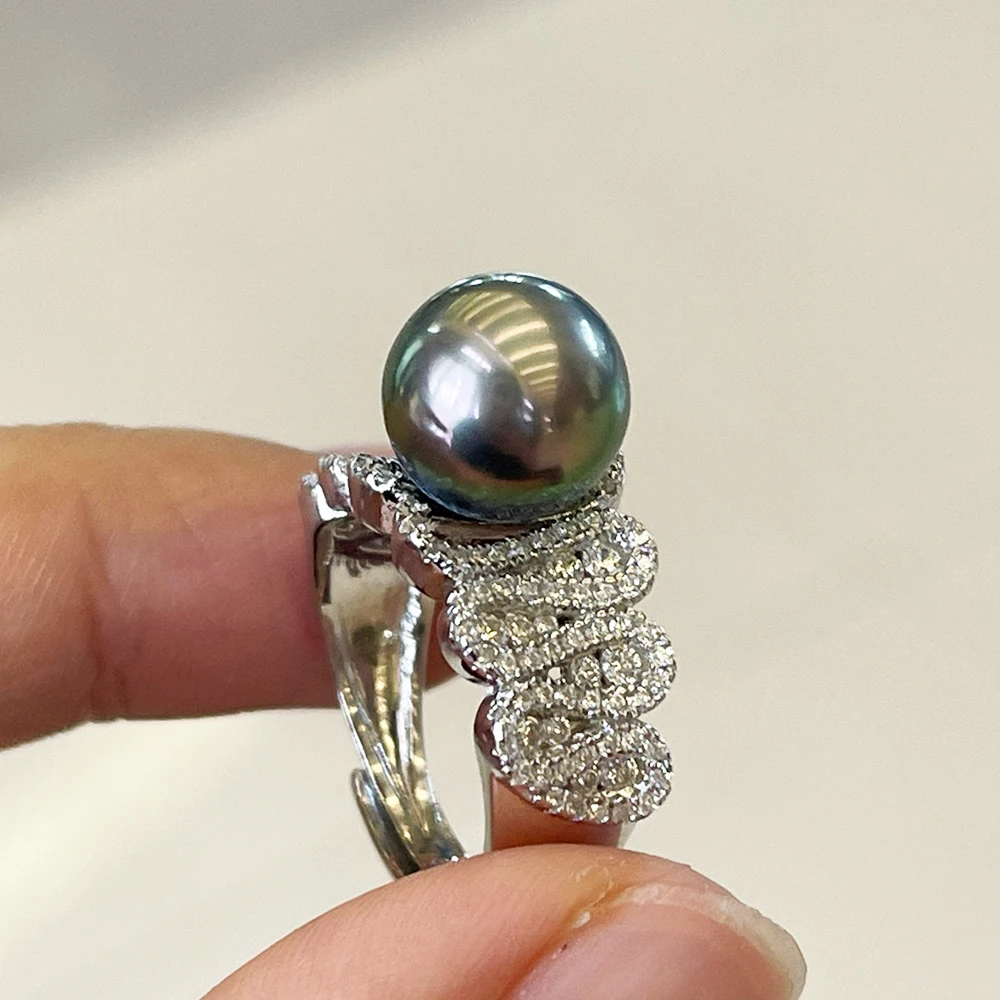 Hitian seawater black pearl ring 925 silver zircon setting real tahiti pearl adjustable thumb200