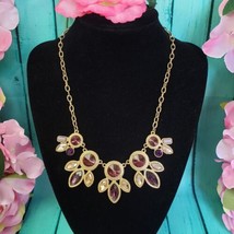 Purple &amp; Champagne Color Glass Rhinestone Gold Tone Link Fashion Bib Necklace - £14.62 GBP